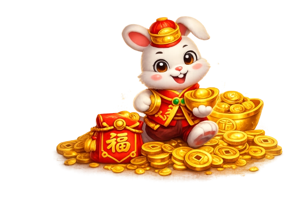 Coelho Fortune Rabbit com moedas douradas