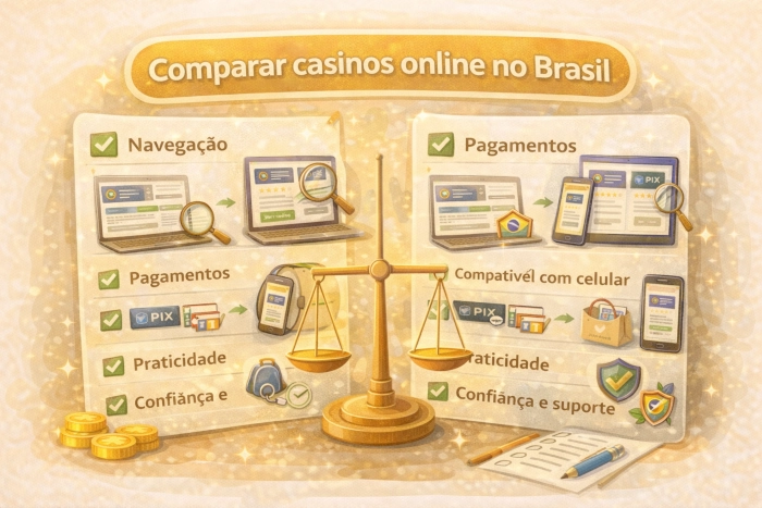 Ilustração comparando critérios para escolher cassinos online no Brasil