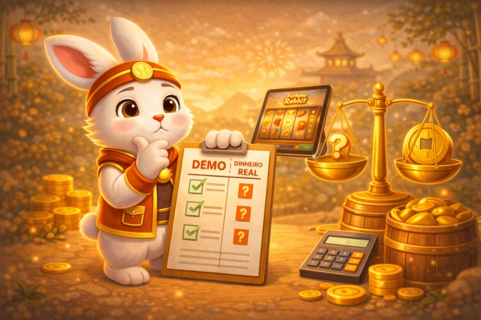 Ilustração comparando demo e jogo com dinheiro real no Fortune Rabbit
