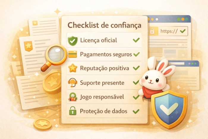 Ilustração com checklist de confiança para jogar Fortune Rabbit com mais segurança